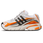 White and orange athletic sneaker with black side stripes, left profile view on a white background