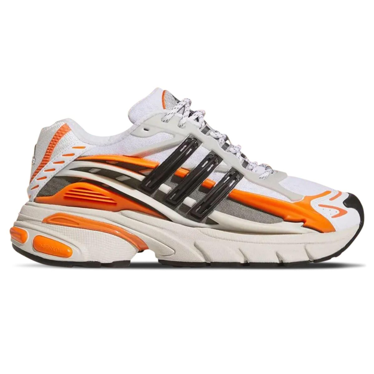 Side view of a white and orange athletic running shoe with gray accents and black outsole