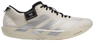 White Y-3 athletic sneaker with black laces and a product tag attached, side view