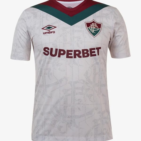 White soccer jersey featuring a maroon 'SUPERBET' sponsor across the chest, with a green chevron design at the neckline and the club crest on the left chest.