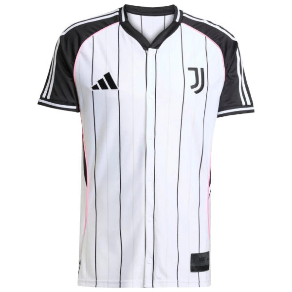 White Juventus soccer jersey with black pinstripes, black sleeves, pink piping, and Adidas logo on the left chest and Juventus crest on the right chest.