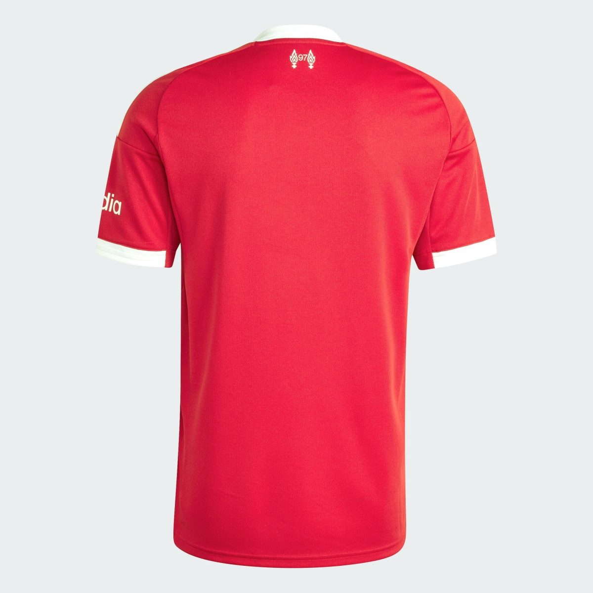 Back view of a red polo shirt on a mannequin, white collar visible, white cuffed sleeves, small flame-like emblem with the number 97 near the neckline