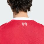 Back view of a person in a red sports jersey with white trim; short dark hair at the nape.