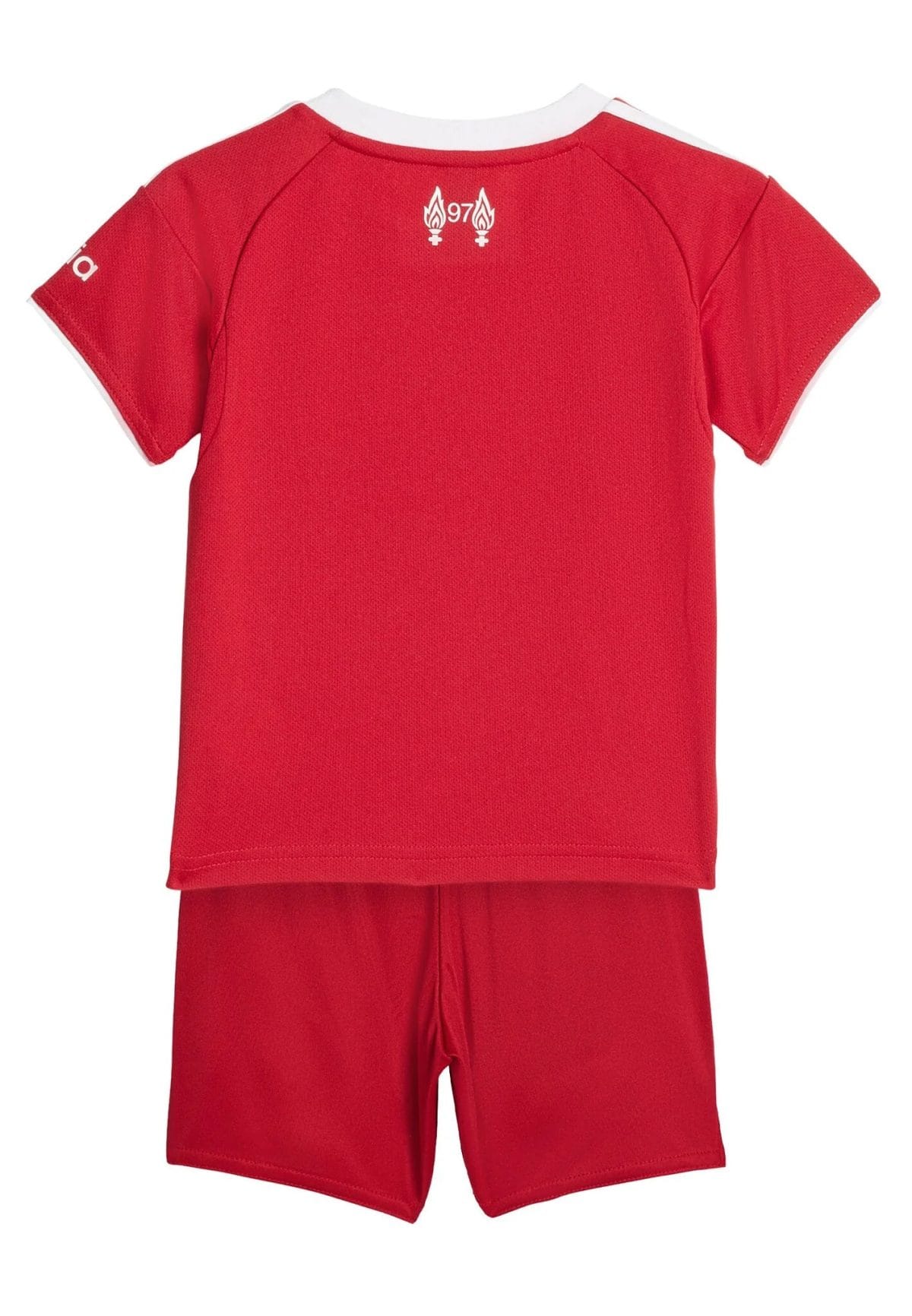 Back view of a red athletic jersey with a white neck trim and a small white flames/logo near the neckline.