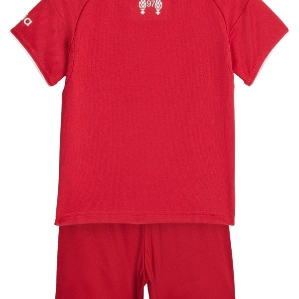 Back view of a red athletic jersey with a white neck trim and a small white flames/logo near the neckline.