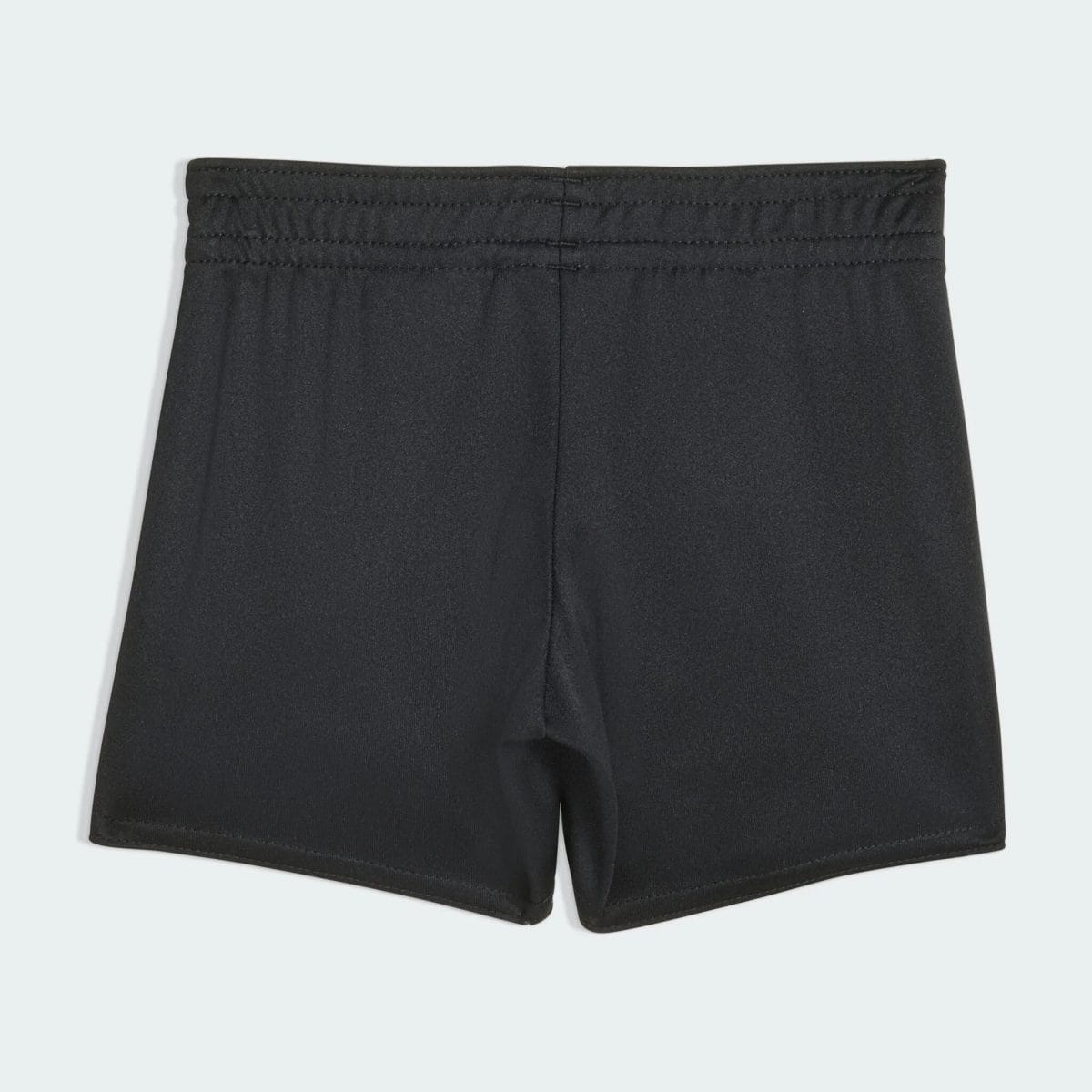 Black shorts shown from the waist to mid-thigh, front view, lightweight fabric and elastic waistband visible