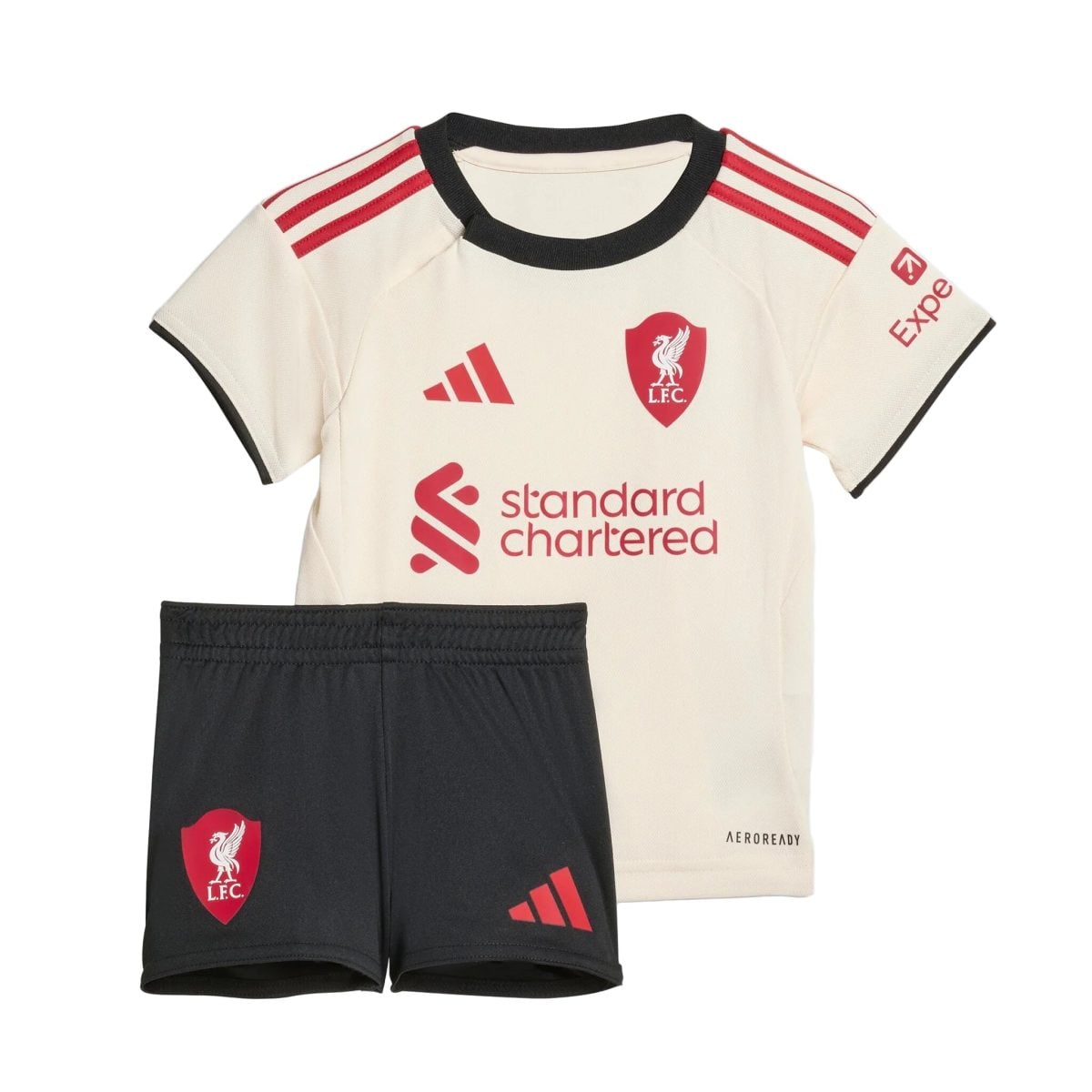 Liverpool FC white jersey with red crest and three red stripes on the shoulders, paired with black shorts.
