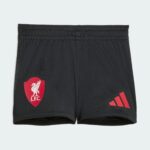Black athletic shorts featuring a red Liverpool FC crest on the left leg and red Adidas stripes on the right leg edge