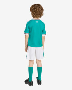 JV6470_3_APPAREL_OnModel_BackView_custom_1-lowres | UAE SPORT STORE Back view of a child wearing a teal soccer jersey with white trim, white shorts, teal socks, and black cleats.