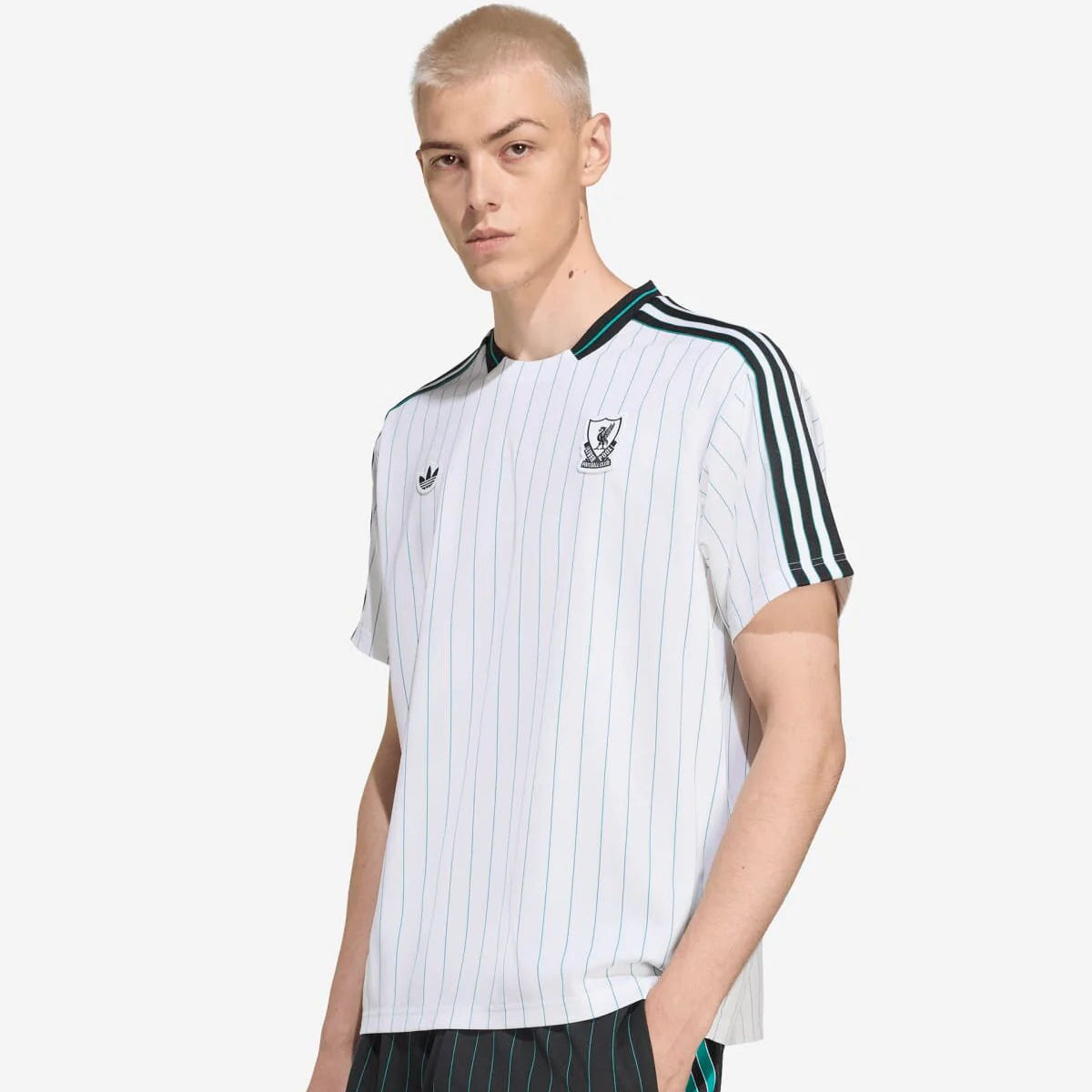 JW5466_3_APPAREL_OnModel_StandardView_custom_1-lowres_1 White pinstriped soccer jersey with green trim and Adidas stripes on the sleeves, worn by a male model; crest on chest.