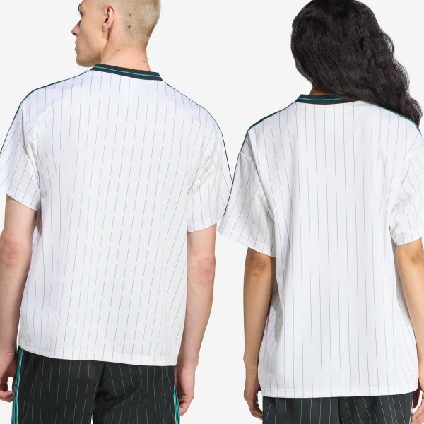 Two models seen from behind wearing matching white pinstripe jerseys with teal trim and dark pinstripe shorts with teal accents.