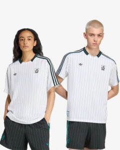 Two models wear matching white pinstriped jerseys with teal accents and black-striped shorts, posing against a white backdrop.
