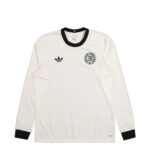 White long-sleeve soccer jersey with black crew neck, featuring Adidas logo on left chest and a circular German Football Federation crest on right chest.