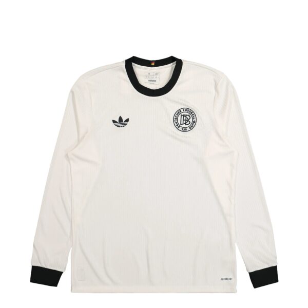 White long-sleeve soccer jersey with black crew neck, featuring Adidas logo on left chest and a circular German Football Federation crest on right chest.