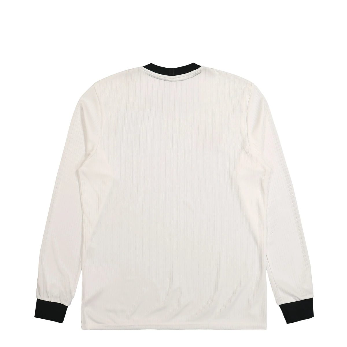 Back view of a white pinstriped long-sleeve shirt with black cuffs on a white background.