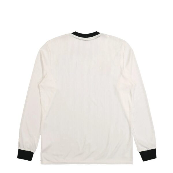 Back view of a white pinstriped long-sleeve shirt with black cuffs on a white background.