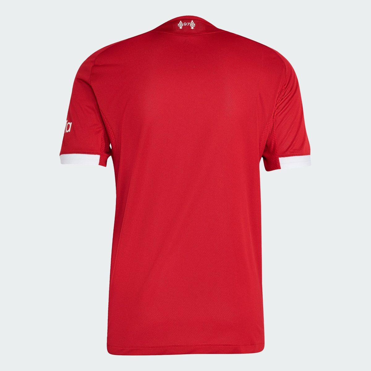 Back view of a red athletic jersey with white sleeve cuffs visible at the bottom edges.
