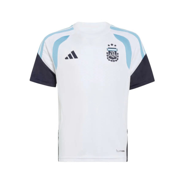 Argentina national team football jersey in white with light blue panels and navy sleeves, displaying Adidas logo and AFA crest on chest.