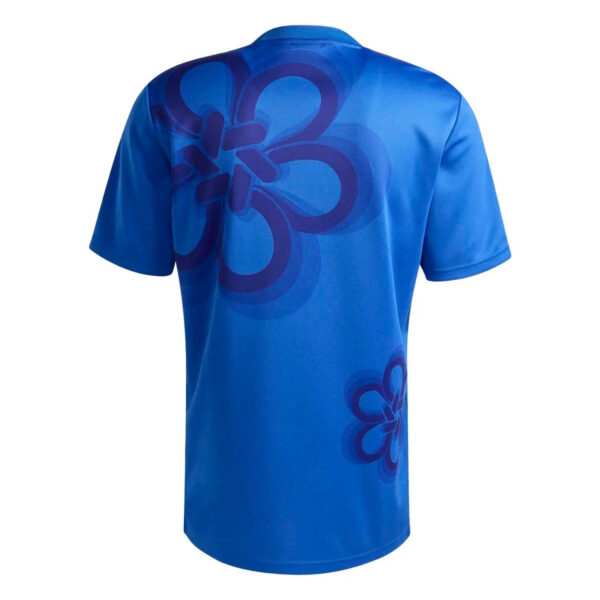 Blue short-sleeve T-shirt with a large dark blue flower graphic on the back (back view)