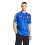 Blue Real Madrid training shirt worn by a model, with gold Adidas stripes on sleeves and crest visible