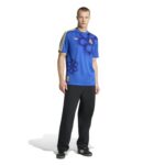 Man wearing a blue Real Madrid jersey with gold stripes and crest, paired with black pants and sneakers, standing against a white background.