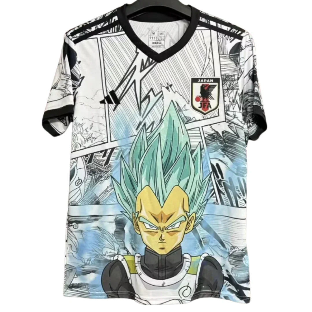 Japan24-25DragonBallSpecialEdition_1024x1024_2x_df8e98a8-ff08-4db7-9328-cac27ba7c889 | UAE SPORT STORE T-shirt printed with Dragon Ball Z character Vegeta in Super Saiyan blue, set against manga panel artwork and a Japan Football Association badge on the chest area.