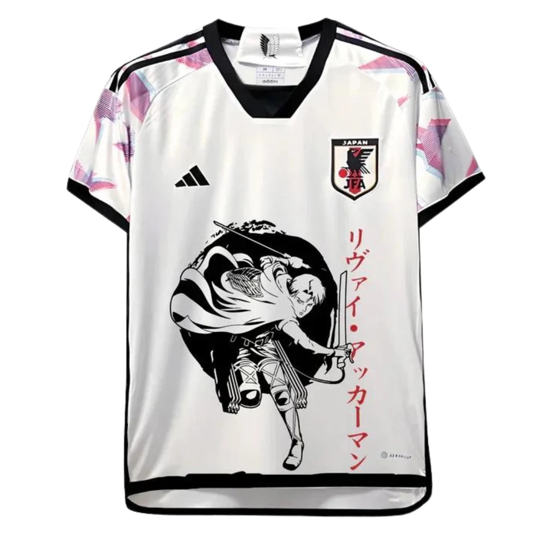 JapanXAttackofTitanSpecialEdition_1024x1024_2x_70c302ed-4923-4627-8c02-0e68cfcf4c34 | UAE SPORT STORE White Japan national soccer jersey with a bold black anime-style warrior illustration on the front and red vertical Japanese text on the right panel.