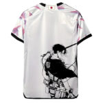 JapanXAttackofTitanSpecialEdition_1_1024x1024_2x_8fcce293-6321-4646-8790-f6c579aaaf7f | UAE SPORT STORE White anime-style jersey with pink sleeve accents and a black ink silhouette of a fighting character with swords on the front.