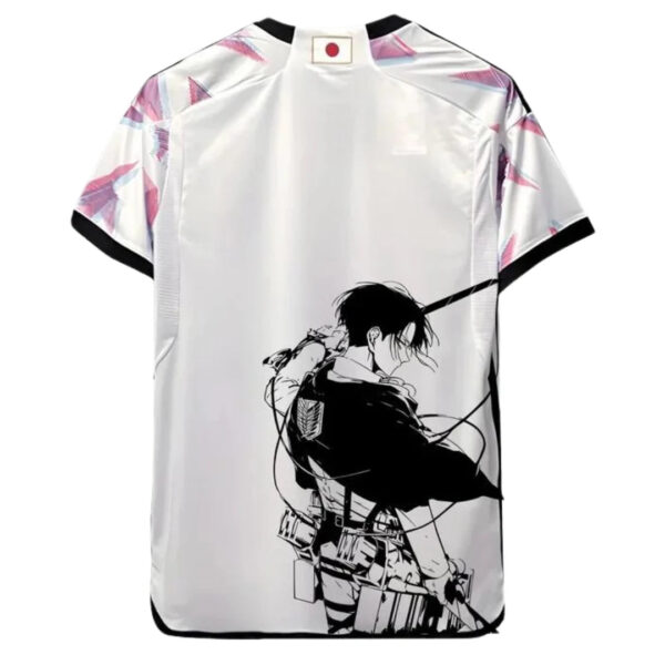 White anime-style jersey with pink sleeve accents and a black ink silhouette of a fighting character with swords on the front.