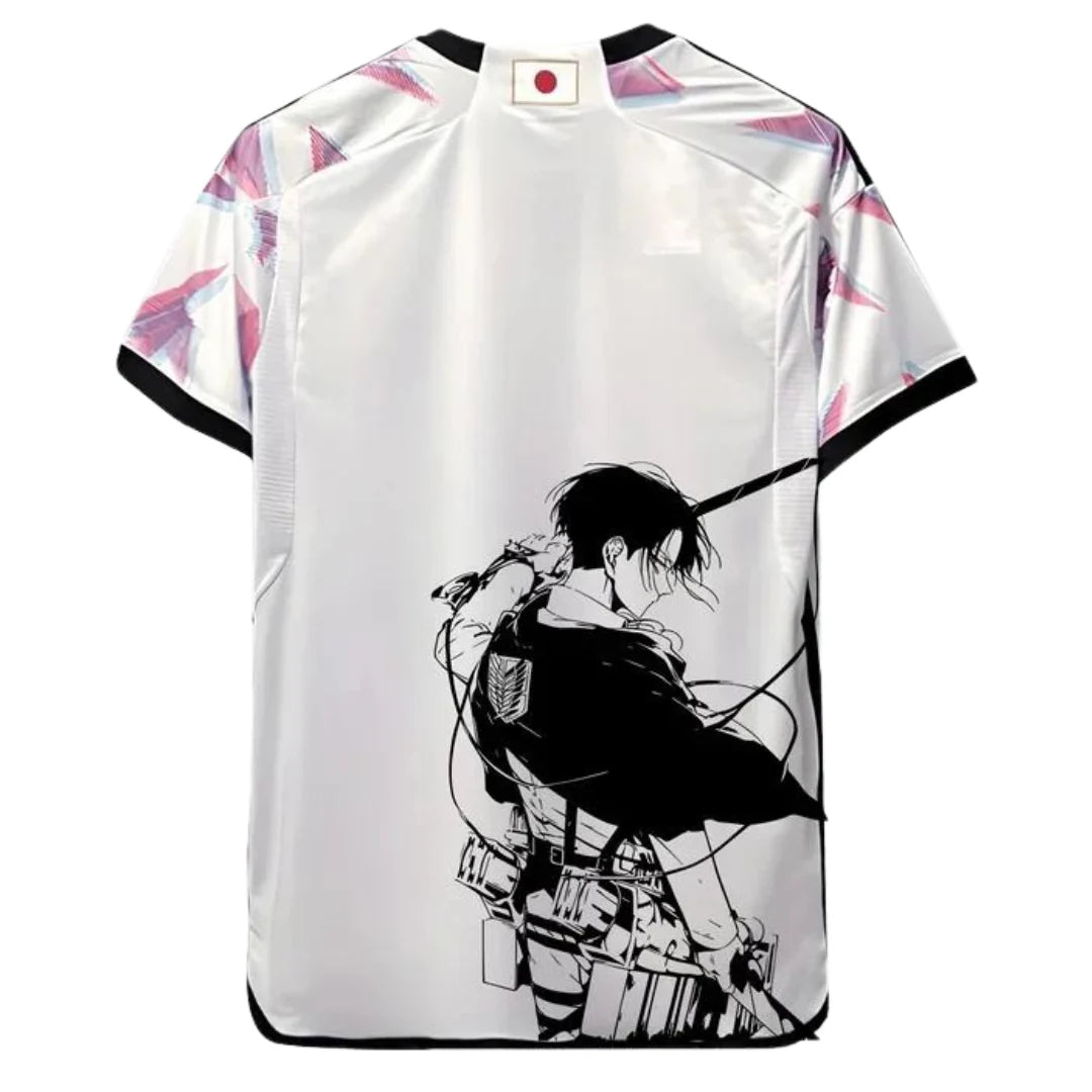 JapanXAttackofTitanSpecialEdition_1_1024x1024_2x_8fcce293-6321-4646-8790-f6c579aaaf7f | UAE SPORT STORE White anime-style jersey with pink sleeve accents and a black ink silhouette of a fighting character with swords on the front.
