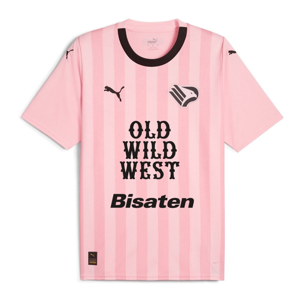 Pink striped soccer jersey with black collar, features Puma logos and a crest, with bold 'OLD WILD WEST' text down the front.