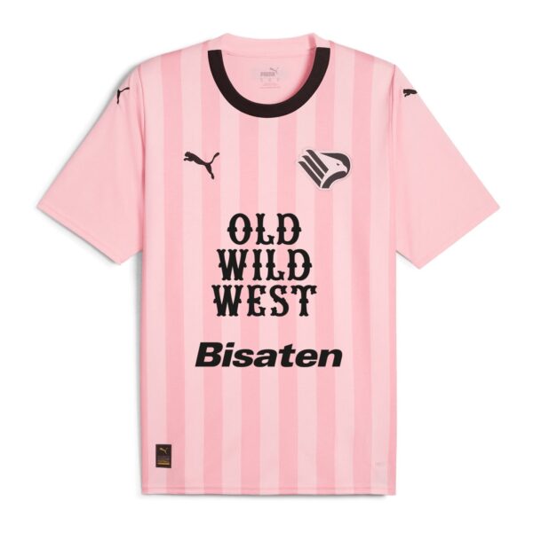 Pink striped soccer jersey with black collar, features Puma logos and a crest, with bold 'OLD WILD WEST' text down the front.