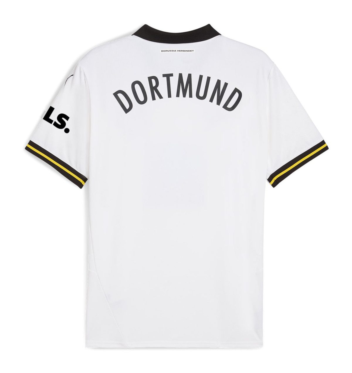 White Borussia Dortmund football jersey back with 'DORTMUND' arced across the shoulders, black collar and striped sleeve cuffs.