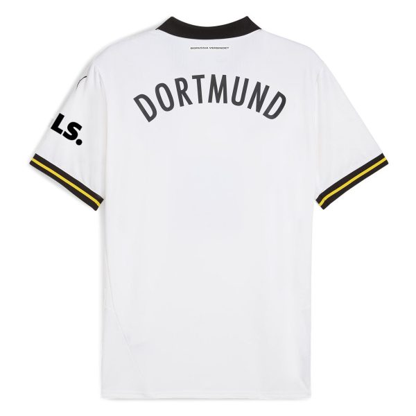 White Borussia Dortmund football jersey back with 'DORTMUND' arced across the shoulders, black collar and striped sleeve cuffs.