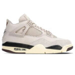 White and beige athletic sneaker shown from the side, featuring mesh panels, a visible air unit in the midsole, and a light cream outsole.