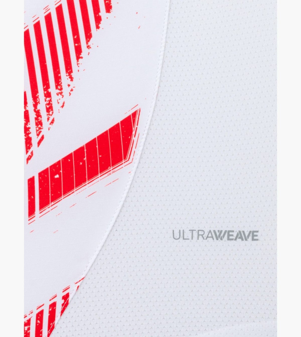 Close-up of white fabric with red graphic stripes overlapping light gray perforated fabric; faint 'ULTRAWAVE' text visible.