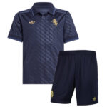 Juventus-Third-Kids-Football-Kit-24-25 | UAE SPORT STORE Navy youth soccer kit with short-sleeve polo shirt and matching shorts, gold crest on chest and Adidas logo.