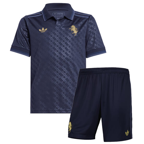 Navy youth soccer kit with short-sleeve polo shirt and matching shorts, gold crest on chest and Adidas logo.