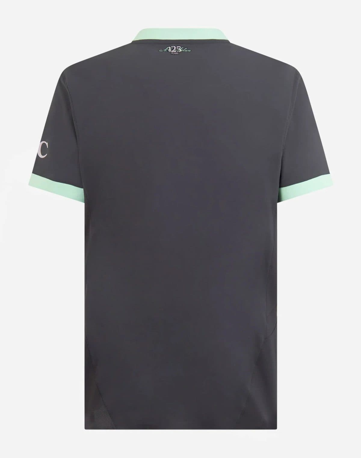 Back view of a dark gray polo with mint green collar and sleeve cuffs, small logo at the neck area.