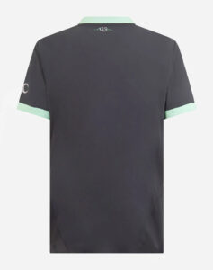 Back view of a dark gray polo with mint green collar and sleeve cuffs, small logo at the neck area.