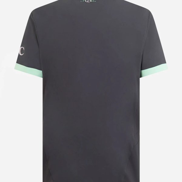 Back view of a dark gray polo with mint green collar and sleeve cuffs, small logo at the neck area.