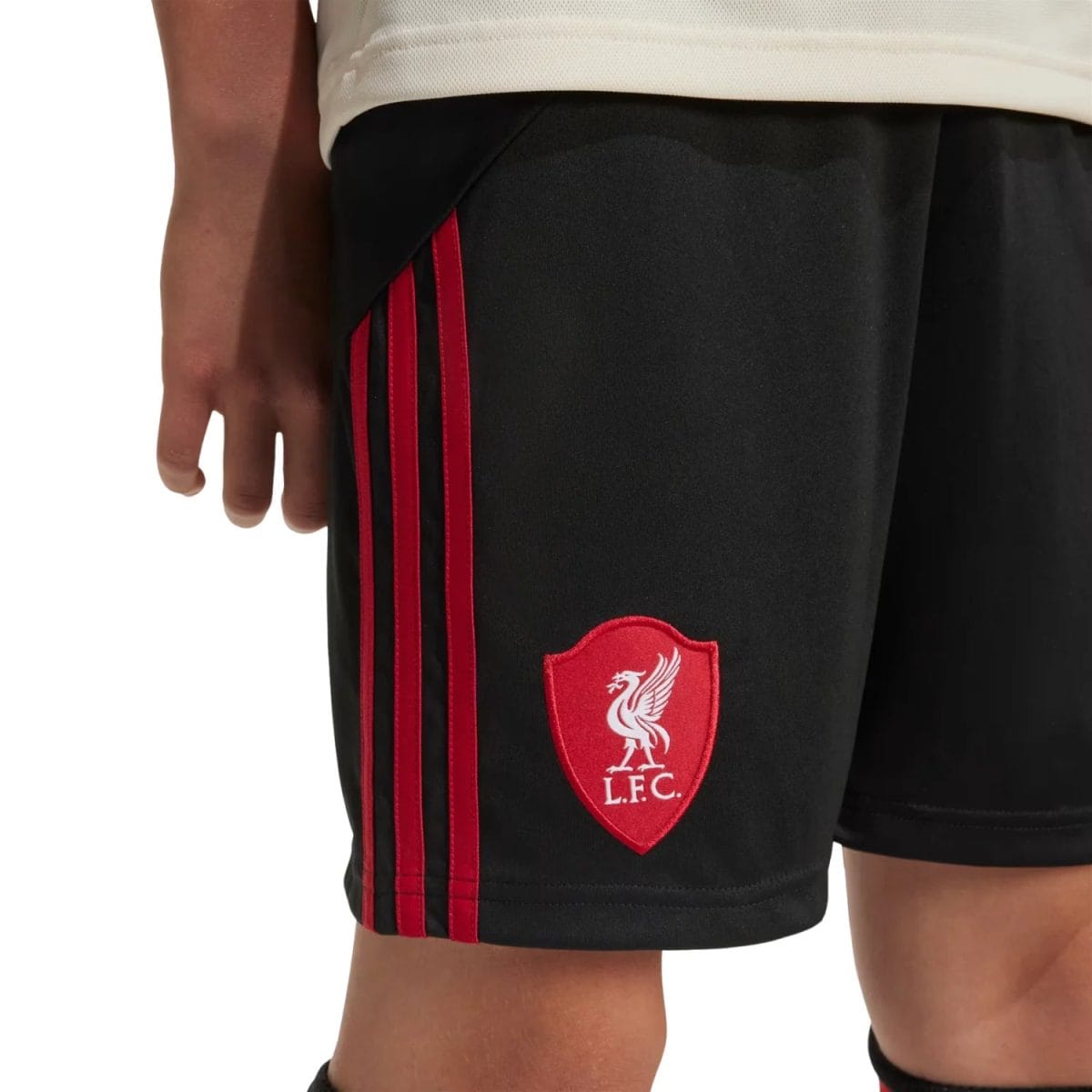 Kids' black soccer shorts with red side stripes and Liverpool FC crest