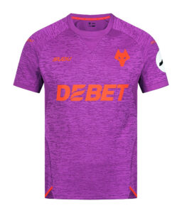 Purple athletic jersey with orange 'DEBET' sponsor across the chest, orange wolf crest on the left chest, and small logos on the shoulders; purple patterned fabric.