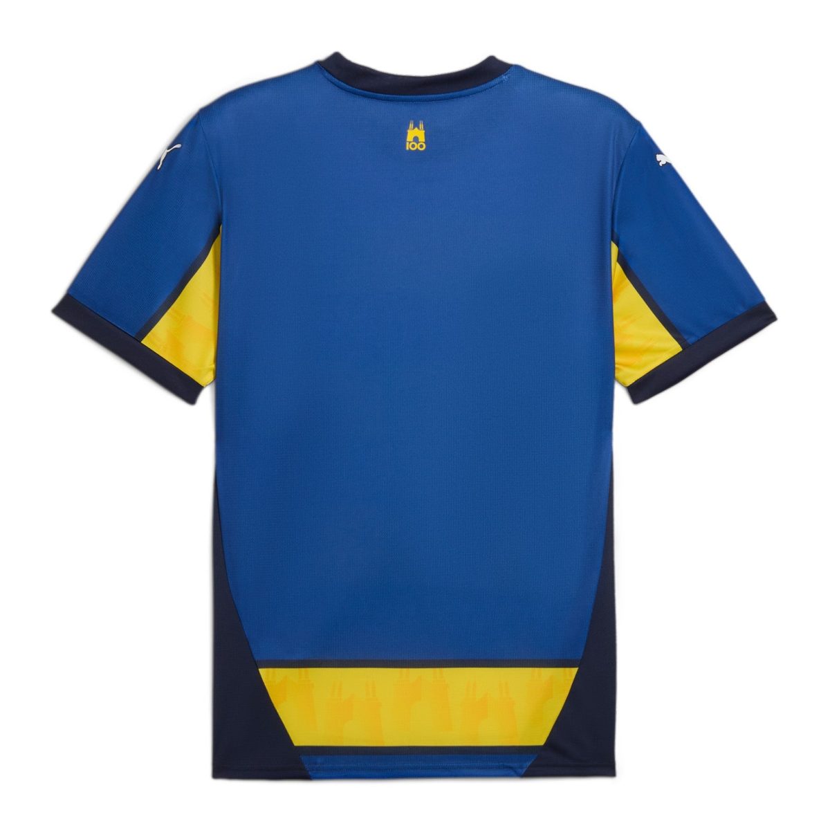 Back view of a blue athletic jersey with yellow side panels and dark navy trim at sleeves and hem, small logo near neck.