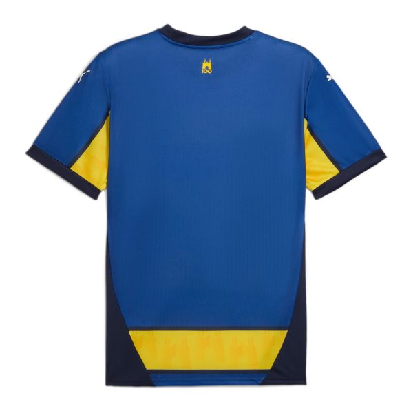 Back view of a blue athletic jersey with yellow side panels and dark navy trim at sleeves and hem, small logo near neck.