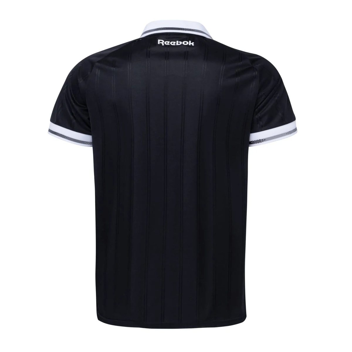 Back view of a black polo shirt with a white collar and cuffs, subtle vertical stripe pattern, Reebok logo at the neckline