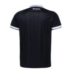 LK | UAE SPORT STORE Back view of a black polo shirt with a white collar and cuffs, subtle vertical stripe pattern, Reebok logo at the neckline