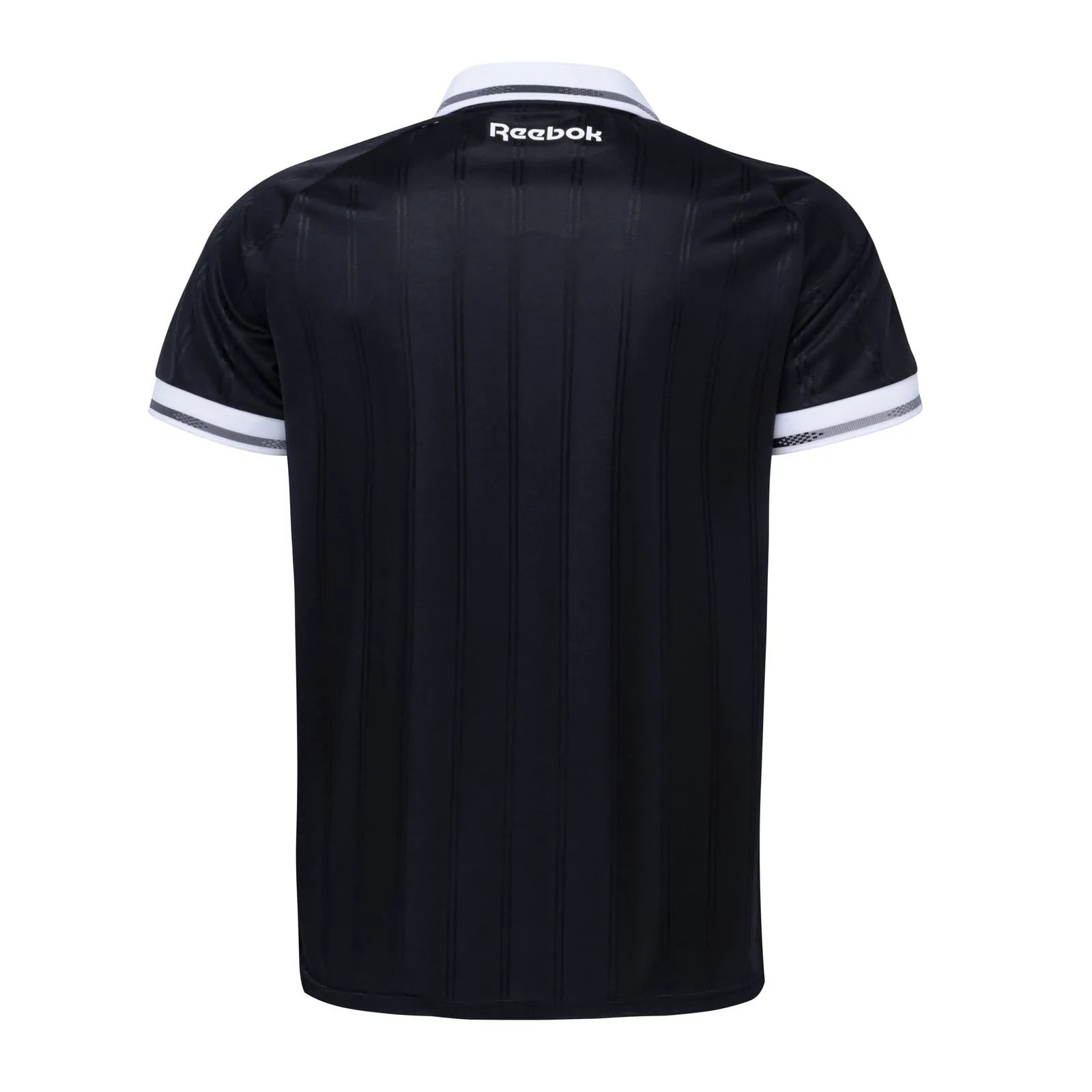 LK | UAE SPORT STORE Back view of a black polo shirt with a white collar and cuffs, subtle vertical stripe pattern, Reebok logo at the neckline