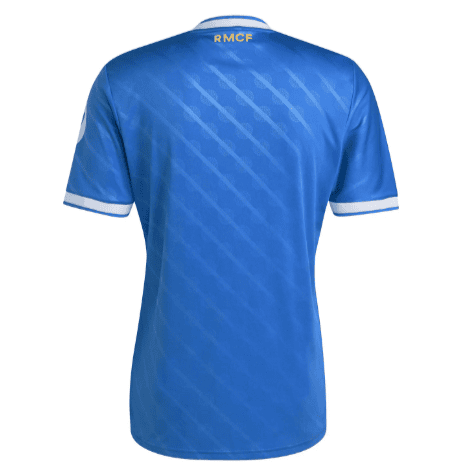 LLK_7e374a1e-e146-472d-8082-54d52448a033 | UAE SPORT STORE Blue athletic soccer jersey viewed from the back with diagonal pattern, white sleeve trim, and RMCF text at the neck.