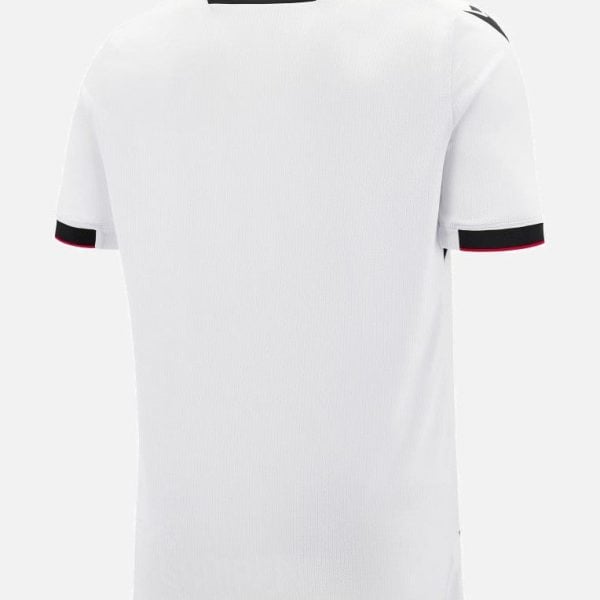 White polo shirt shown from the back with black and red collar trim and sleeves; text 'SHQIPËRI' near the neck area